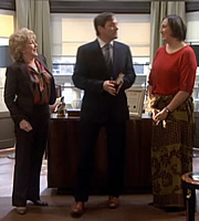 Miranda. Image shows from L to R: Penny (Patricia Hodge), Therapist (Mark Heap), Miranda (Miranda Hart). Copyright: BBC