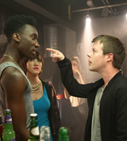 Misfits. Image shows from L to R: Curtis (Nathan Stewart-Jarrett), Sam (Anna Koval), Danny (Stephen Wight). Copyright: Clerkenwell Films