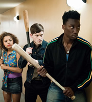 Misfits. Image shows from L to R: Alisha (Antonia Thomas), Simon (Iwan Rheon), Curtis (Nathan Stewart-Jarrett). Copyright: Clerkenwell Films