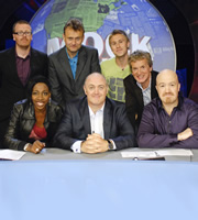 Mock The Week. Image shows from L to R: Frankie Boyle, Gina Yashere, Hugh Dennis, Dara O Briain, Russell Howard, Frank Skinner, Andy Parsons. Copyright: Angst Productions