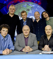 Mock The Week. Image shows from L to R: Chris Addison, Greg Davies, Hugh Dennis, Dara O Briain, Simon Evans, Micky Flanagan, Andy Parsons. Copyright: Angst Productions