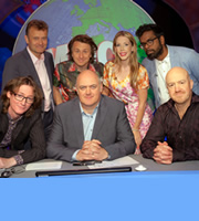 Mock The Week. Image shows from L to R: Ed Byrne, Hugh Dennis, Milton Jones, Dara O Briain, Katherine Ryan, Romesh Ranganathan, Andy Parsons. Copyright: Angst Productions