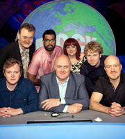 Mock The Week. Image shows from L to R: Miles Jupp, Hugh Dennis, Romesh Ranganathan, Dara O Briain, Angela Barnes, Josh Widdicombe, Andy Parsons. Copyright: Angst Productions