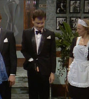 Mr. Bean. Image shows from L to R: Mr. Bean (Rowan Atkinson), Irma Gobb (Matilda Ziegler). Copyright: Tiger Aspect Productions