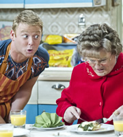 Mrs. Brown's Boys. Image shows from L to R: Dino Doyle (Gary Hollywood), Agnes Brown (Brendan O'Carroll). Copyright: BBC / BocPix