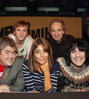 Never Mind The Buzzcocks. Image shows from L to R: Phill Jupitus, Tom Basden, Claudia Winkleman, Harry Shearer, Noel Fielding. Copyright: TalkbackThames / BBC