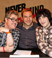 Never Mind The Buzzcocks. Image shows from L to R: Phill Jupitus, David Walliams, Noel Fielding. Copyright: TalkbackThames / BBC