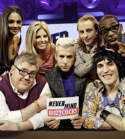 Never Mind The Buzzcocks. Image shows from L to R: Alesha Dixon, Phill Jupitus, Mollie King, Mark Ronson, Paul Foot, Noel Fielding, Tinie. Copyright: TalkbackThames / BBC