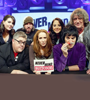 Never Mind The Buzzcocks. Image shows from L to R: Katy Wix, Phill Jupitus, Damon Gough, Catherine Tate, Tulisa Contostavlos, Noel Fielding, Howard Marks. Copyright: TalkbackThames / BBC