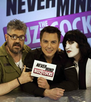 Never Mind The Buzzcocks. Image shows from L to R: Phill Jupitus, John Barrowman, Noel Fielding. Copyright: TalkbackThames / BBC