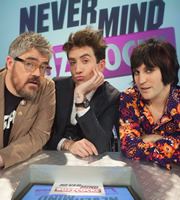 Never Mind The Buzzcocks. Image shows from L to R: Phill Jupitus, Nick Grimshaw, Noel Fielding. Copyright: TalkbackThames / BBC