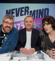 Never Mind The Buzzcocks. Image shows from L to R: Phill Jupitus, Bob Mortimer, Noel Fielding. Copyright: TalkbackThames / BBC