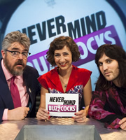 Never Mind The Buzzcocks. Image shows from L to R: Phill Jupitus, Kristen Schaal, Noel Fielding. Copyright: TalkbackThames / BBC
