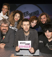 Never Mind The Buzzcocks. Image shows from L to R: Stacey Solomon, Phill Jupitus, Ella Eyre, Rhod Gilbert, Harry Koisser, Seann Walsh, Noel Fielding. Copyright: TalkbackThames / BBC