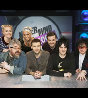 Never Mind The Buzzcocks. Image shows from L to R: Sara Pascoe, Phill Jupitus, Amelia Lily, Rhod Gilbert, Alex Brooker, Noel Fielding, John Cooper Clarke. Copyright: TalkbackThames / BBC