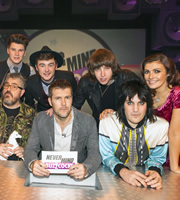 Never Mind The Buzzcocks. Image shows from L to R: Phill Jupitus, Charley Bagnall, Jake Roche, Rhod Gilbert, Van McCann, Noel Fielding, Kym Marsh. Copyright: TalkbackThames / BBC