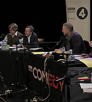 The News Quiz. Image shows from L to R: Sandi Toksvig, Jeremy Hardy, Rory Bremner. Copyright: BBC