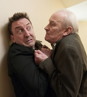 Not Going Out. Image shows from L to R: Lee (Lee Mack), Geoffrey (Geoffrey Whitehead). Copyright: Avalon Television / Arlo Productions