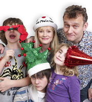 Outnumbered. Image shows from L to R: Ben (Daniel Roche), Jake (Tyger Drew-Honey), Sue (Claire Skinner), Karen (Ramona Marquez), Pete (Hugh Dennis). Copyright: Hat Trick Productions