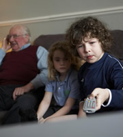 Outnumbered. Image shows from L to R: Frank (Grandad) (David Ryall), Karen (Ramona Marquez), Ben (Daniel Roche). Copyright: Hat Trick Productions