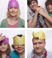 Outnumbered. Image shows from L to R: Sue (Claire Skinner), Karen (Ramona Marquez), Ben (Daniel Roche), Jake (Tyger Drew-Honey), Pete (Hugh Dennis). Copyright: Hat Trick Productions