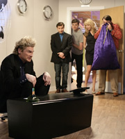 The Persuasionists. Image shows from L to R: Keaton (Simon Farnaby), Greg Bannister (Adam Buxton), Billy Hitchens (Iain Lee), Emma (Daisy Haggard), Clive Johnson (Jarred Christmas). Copyright: Bwark Productions