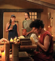 Plebs. Image shows from L to R: Flavia (Doon Mackichan), Aurelius (Tom Basden), Stylax (Joel Fry). Copyright: RISE Films