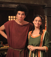 Plebs. Image shows from L to R: Stylax (Joel Fry), Irina (Anna Skellern). Copyright: RISE Films