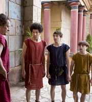 Plebs. Image shows from L to R: Cornelius (Neil Stuke), Stylax (Joel Fry), Marcus (Tom Rosenthal), Grumio (Ryan Sampson). Copyright: RISE Films