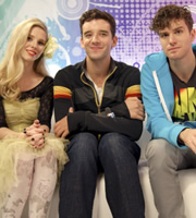 Popatron. Image shows from L to R: Lottie (Sadie Pickering), Michael Urie, Toby (Joel Dommett). Copyright: Zeppotron