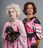 Psychobitches. Image shows from L to R: Barbara Cartland (Frances Barber), Fanny Craddock (Seb Cardinal). Copyright: Tiger Aspect Productions