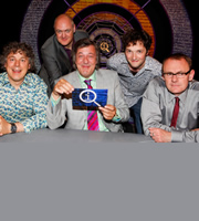 QI. Image shows from L to R: Alan Davies, Dara O Briain, Stephen Fry, Chris Addison, Sean Lock. Copyright: TalkbackThames