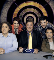 QI. Image shows from L to R: Alan Davies, Cal Wilson, Stephen Fry, Jack Whitehall, Jimmy Carr. Copyright: TalkbackThames