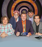 QI. Image shows from L to R: Alan Davies, Jo Brand, Stephen Fry, Graham Linehan, Jimmy Carr. Copyright: TalkbackThames