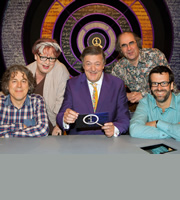 QI. Image shows from L to R: Alan Davies, Jo Brand, Stephen Fry, Danny Baker, Marcus Brigstocke. Copyright: TalkbackThames