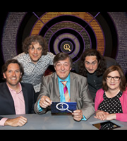 QI. Image shows from L to R: Colin Lane, Alan Davies, Stephen Fry, Ross Noble, Sarah Millican. Copyright: TalkbackThames