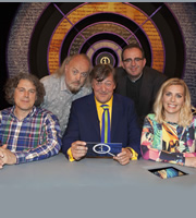 QI. Image shows from L to R: Alan Davies, Bill Bailey, Stephen Fry, Richard Coles, Sara Pascoe. Copyright: TalkbackThames