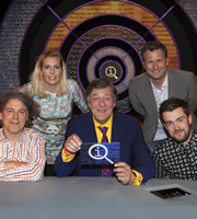 QI. Image shows from L to R: Alan Davies, Sara Pascoe, Stephen Fry, Adam Hills, Jack Whitehall. Copyright: TalkbackThames