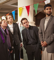 Rev.. Image shows from L to R: Jill Mallory (Joanna Scanlan), Geri Tennison (Vicki Pepperdine), Rev Adam Smallbone (Tom Hollander), Yussef Hasan (Kayvan Novak). Copyright: Big Talk Productions