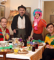 Rock & Chips. Image shows from L to R: Reg Trotter (Shaun Dingwall), Edward 'Ted' Trotter (Phil Daniels), Violet (Paula Wilcox), Del Boy (James Buckley). Copyright: Shazam Productions / BBC