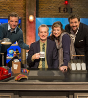 Room 101. Image shows from L to R: Henning Wehn, Frank Skinner, Caroline Quentin, Michael Ball. Copyright: Hat Trick Productions