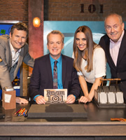 Room 101. Image shows from L to R: Adam Hills, Frank Skinner, Melanie Chisholm, Gyles Brandreth. Copyright: Hat Trick Productions