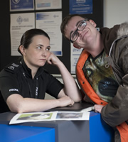 Scot Squad. Image shows from L to R: Sergeant Karen Ann Millar (Karen Bartke), Bobby Muir (Darren Connell). Copyright: The Comedy Unit