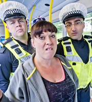 Scot Squad. Image shows left to right: PC Hugh McKirdy (Graeme Stevely), Shona Laird (Joyce Falconer), PC Surjit Singh (Manjot Sumal). Credit: The Comedy Unit