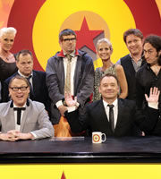 Shooting Stars. Image shows from L to R: Brigitte Nielsen, Vic Reeves, Jack Dee, Angelos Epithemiou (Dan Skinner), Ulrika Jonsson, Bob Mortimer, Graeme Hawley, Ross Noble. Copyright: Channel X / Pett Productions