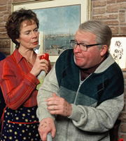 Still Game. Image shows from L to R: Mrs Begg (Celia Imrie), Winston Ingram (Paul Riley). Copyright: The Comedy Unit / Effingee Productions