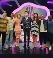 Sweat The Small Stuff. Image shows from L to R: Russell Kane, Rickie Haywood Williams, Kimberley Walsh, Nick Grimshaw, Rochelle Humes, Aston Merrygold, Melvin Odoom. Copyright: Talkback