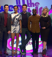 Sweat The Small Stuff. Image shows from L to R: Russell Kane, Rochelle Humes, Nick Grimshaw, Melvin Odoom, Kimberly Wyatt. Copyright: Talkback