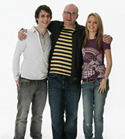 Teenage Kicks. Image shows from L to R: Max (Ed Coleman), Vernon (Adrian Edmondson), Milly (Laura Aikman). Copyright: Phil McIntyre Entertainment