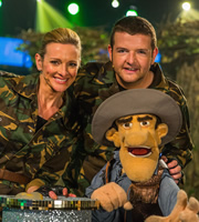 That Puppet Game Show. Image shows from L to R: Gabby Logan, Kevin Bridges. Copyright: BBC